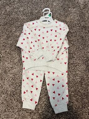 DKNY Gray Sweatshirt & Joggers with Pink and Red Hearts Size 18 Month